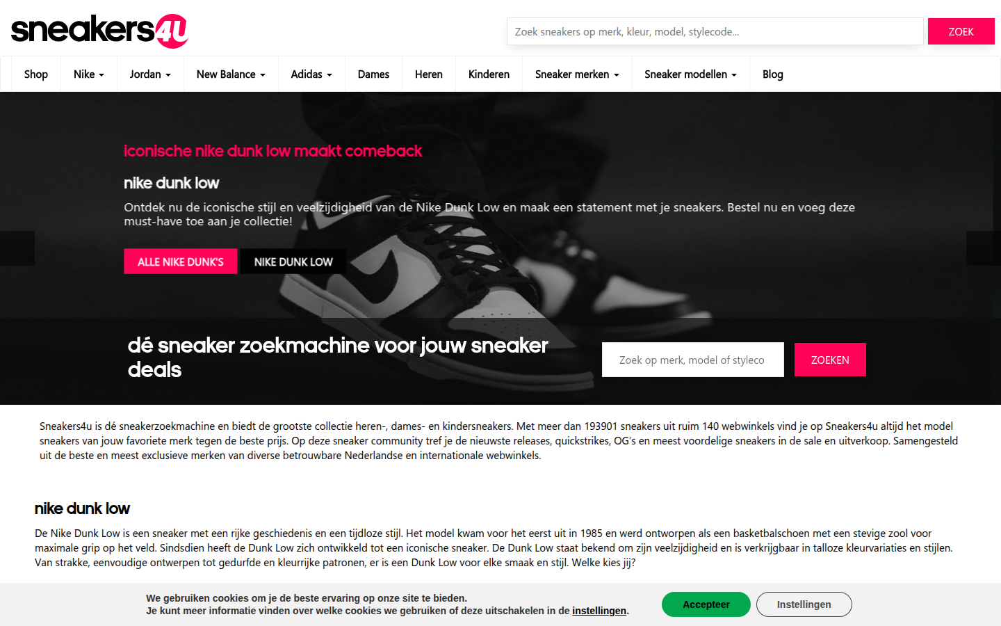 Sneakers4u.nl homepage and sneaker category browse