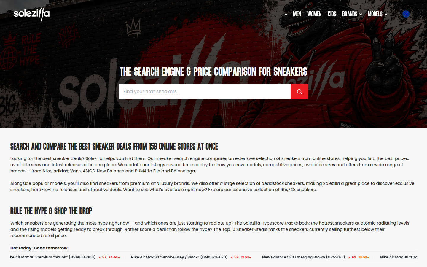 Solezilla.com international sneaker model page with multi-currency pricing