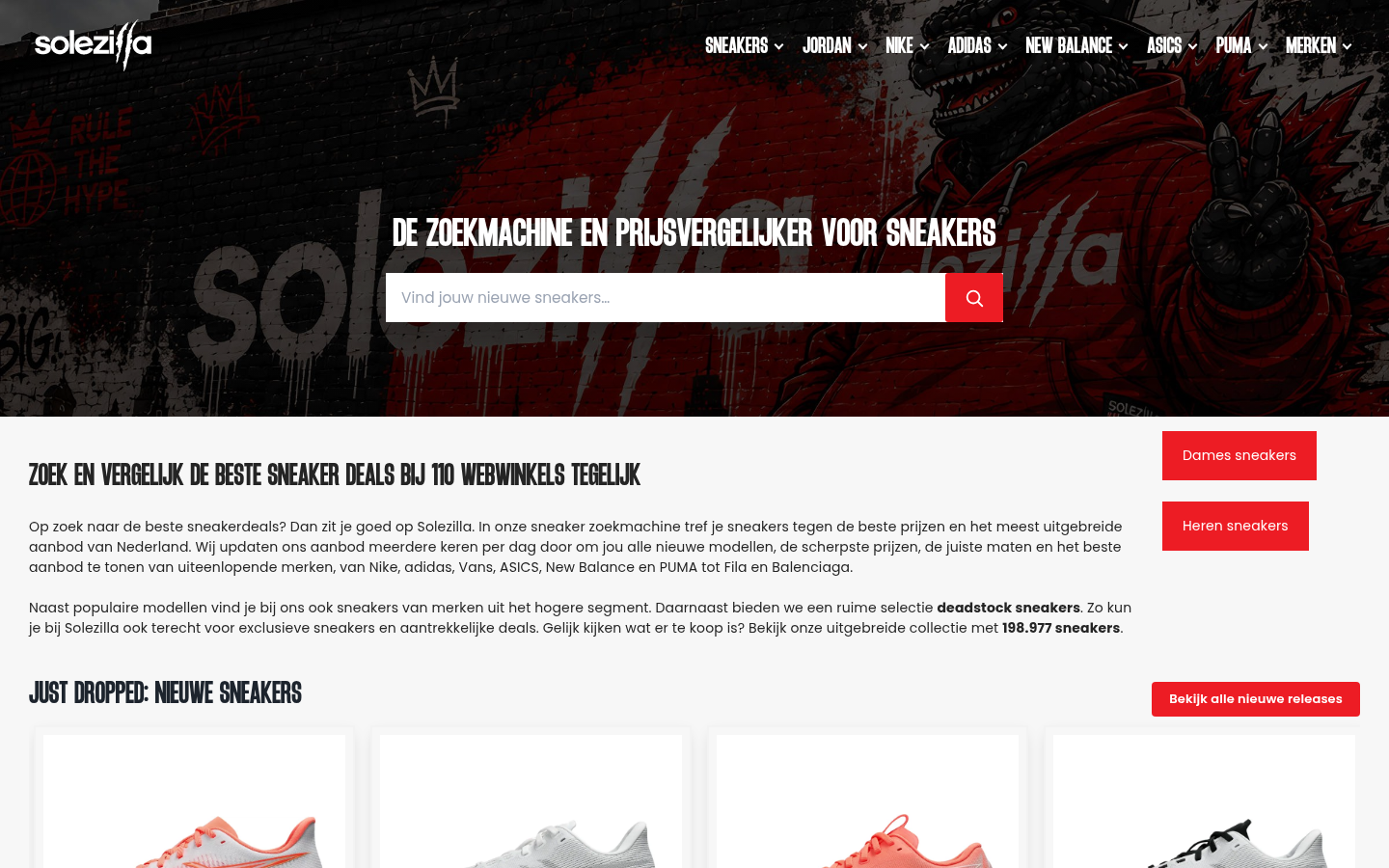 Solezilla.nl showing a sneaker product page with a live price comparison across multiple shops
